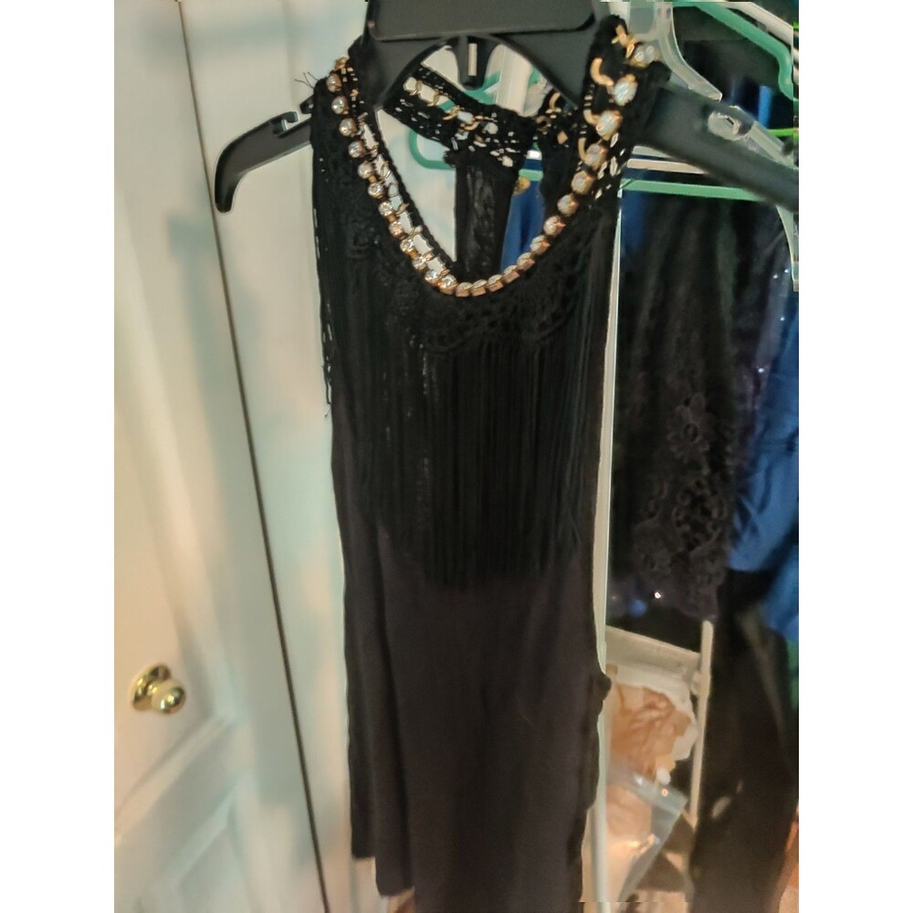 Mauve Women’s Black Solid Halter Top Sleeveless Beaded Fringe Neckline Sz S